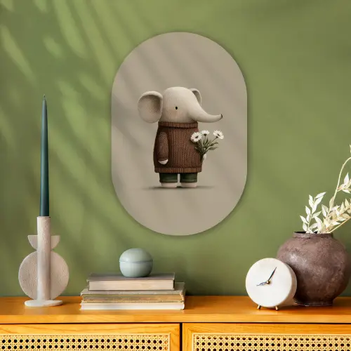 Olifant - Witte bloemen - Kindvriendelijk Wandcirkel Ovaal Forex klein -sfeer2