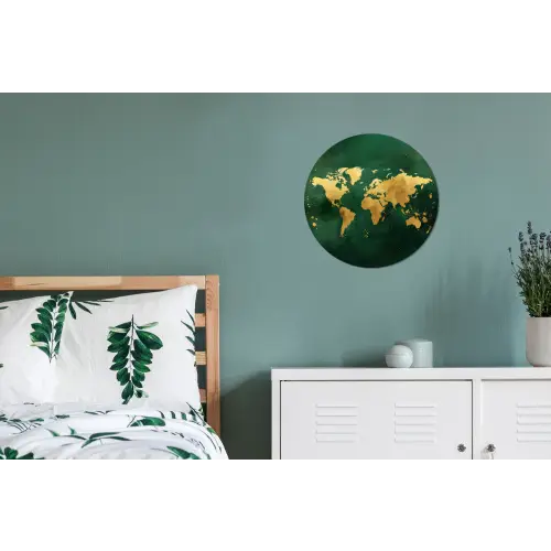 Wereldkaart - Groen - Goud Wandcirkel aluminium klein -slaapkamer