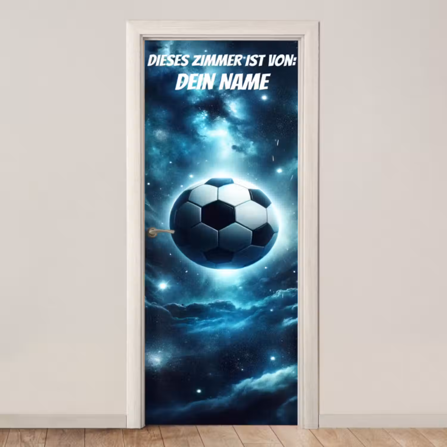 Türtapete mit Name - Schwebender Fußball im Weltraum mit Namensfeld.