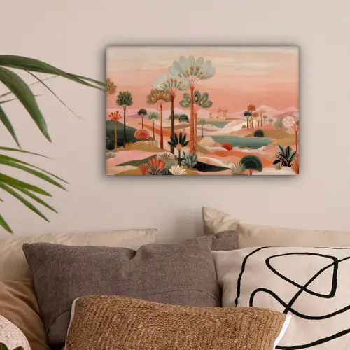 Roze landschap - Palmen - Water canvas 2cm klein -sfeer1