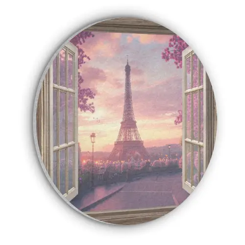 Doorkijk - Parijs - Eiffeltoren - Roze - Kersenbloesem Akoestische PET Vilt - Rond klein -3d