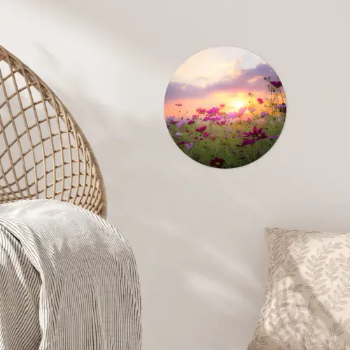 Bloemen - Roze - Zonsondergang - Natuur - Weide - Horizon Wandcirkel behangsticker klein -sfeer4