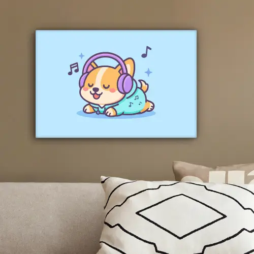 Corgi - Koptelefoon - Blauw - Muzieknoten canvas 2cm klein -sfeer3
