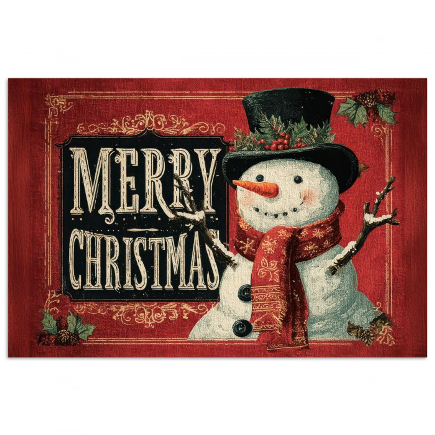 Klassiek - Kerstgroet - Sneeuwpop - Rood poster papier klein -3d