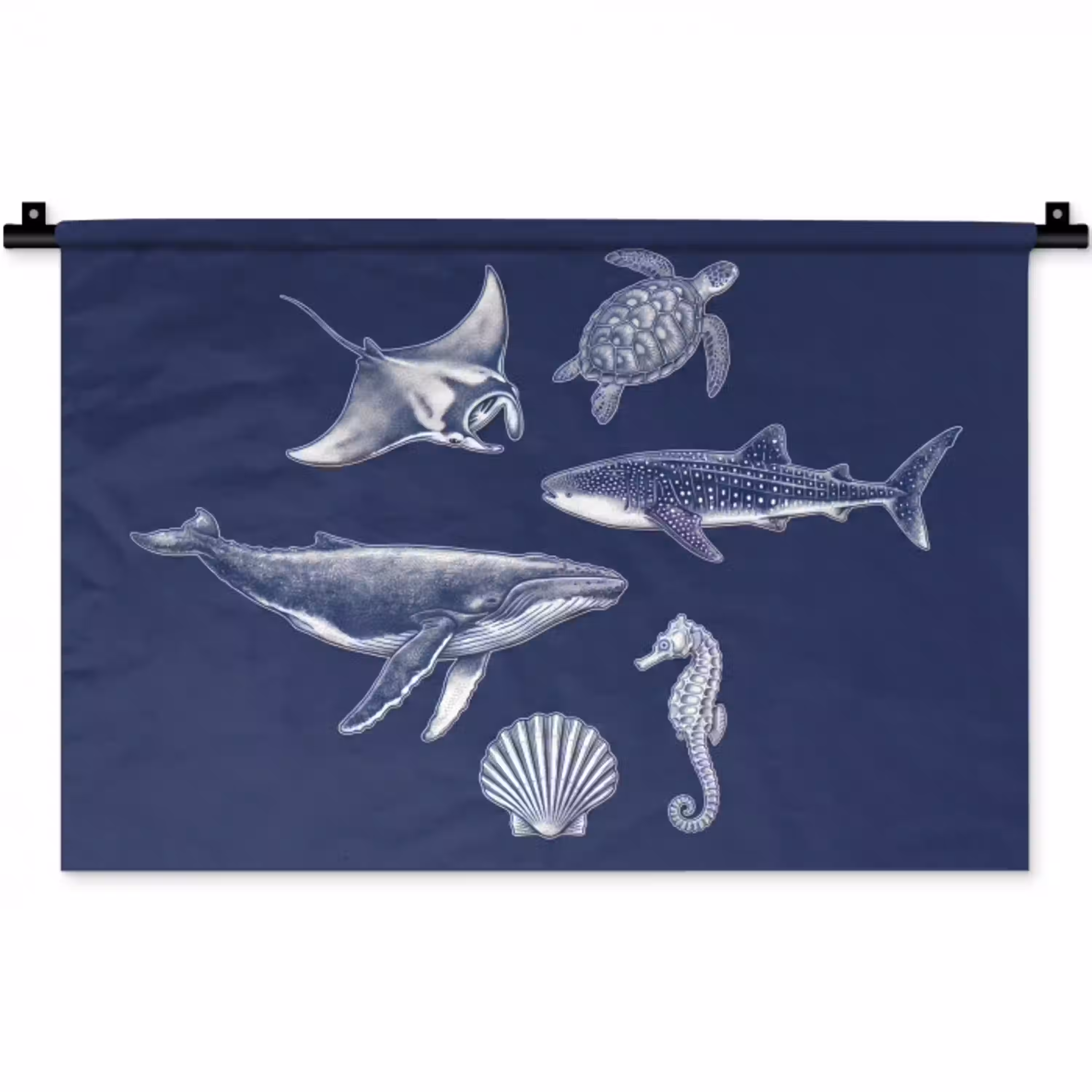 Dieren - Zeeleven - Oceaan - Graveren - Blauw Wandkleed katoen klein -zz3d