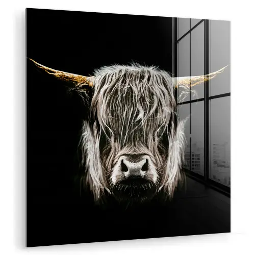 Schotse hooglander - Goud - Hoorns - Zwart wit - Koe - Dieren plexiglas 5mm klein -zzzproduct_nieuw