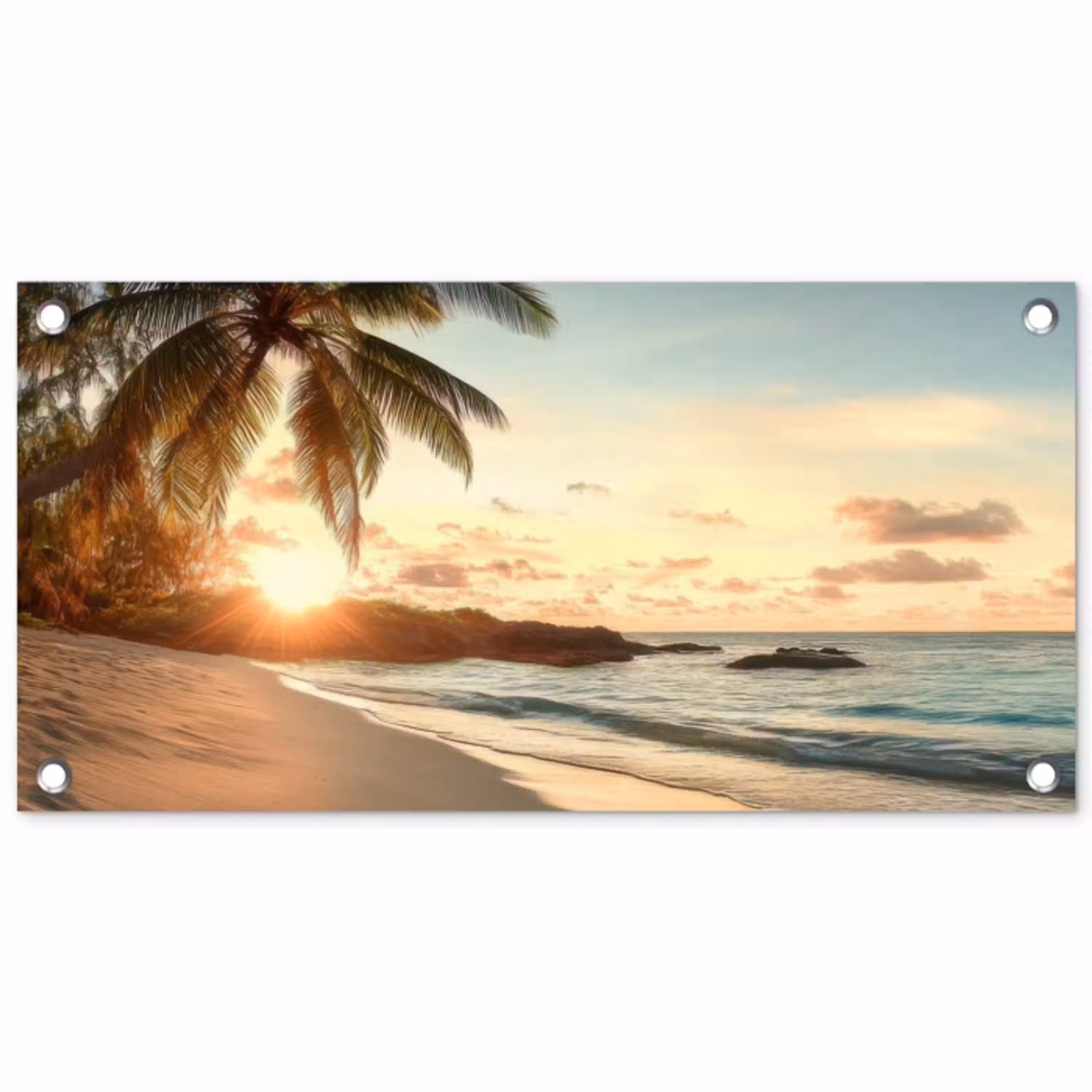 Strand - Palmbomen - Oceaan - Zonsondergang tuinposter los doek klein -3d