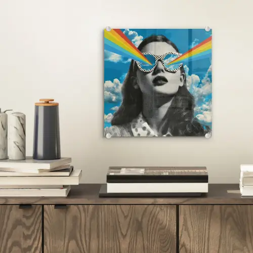 Vrouw - Bril - Regenboog - Wolken plexiglas 5mm klein -sfeer1