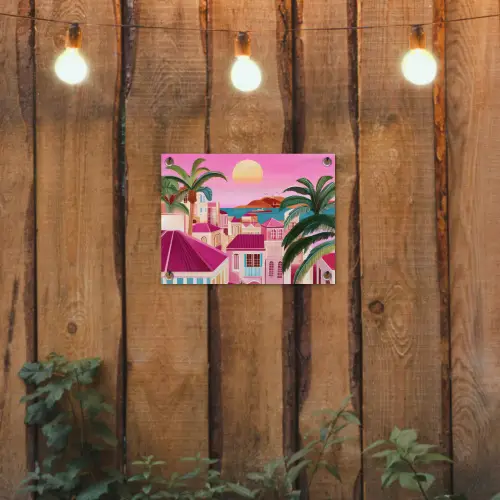 Stad - Roze - Palmbomen tuinposter los doek klein -sfeer1