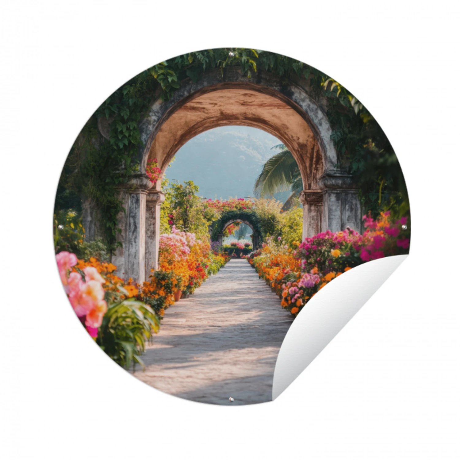 Doorkijk - Bloemen - Tropisch - Kleurrijk Wandcirkel tuinposter met ringen klein -3d