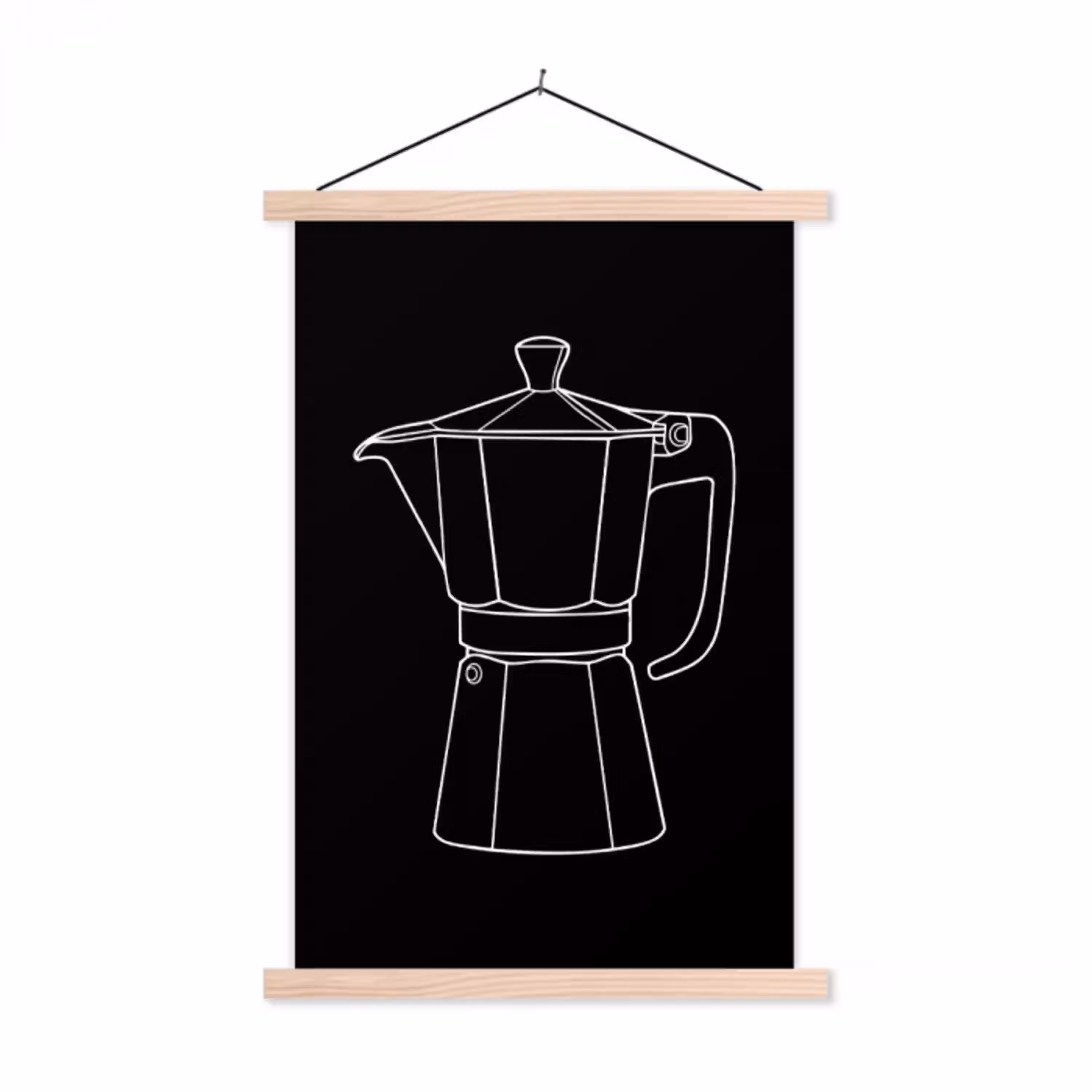 Mokkapot - Zwart - Wit - Lijntekening textielposter latten blank klein -3d