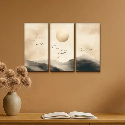 Landschap - Japandi - Beige - Vogels Canvas - Meerluiken 3 luik klein -sfeer5