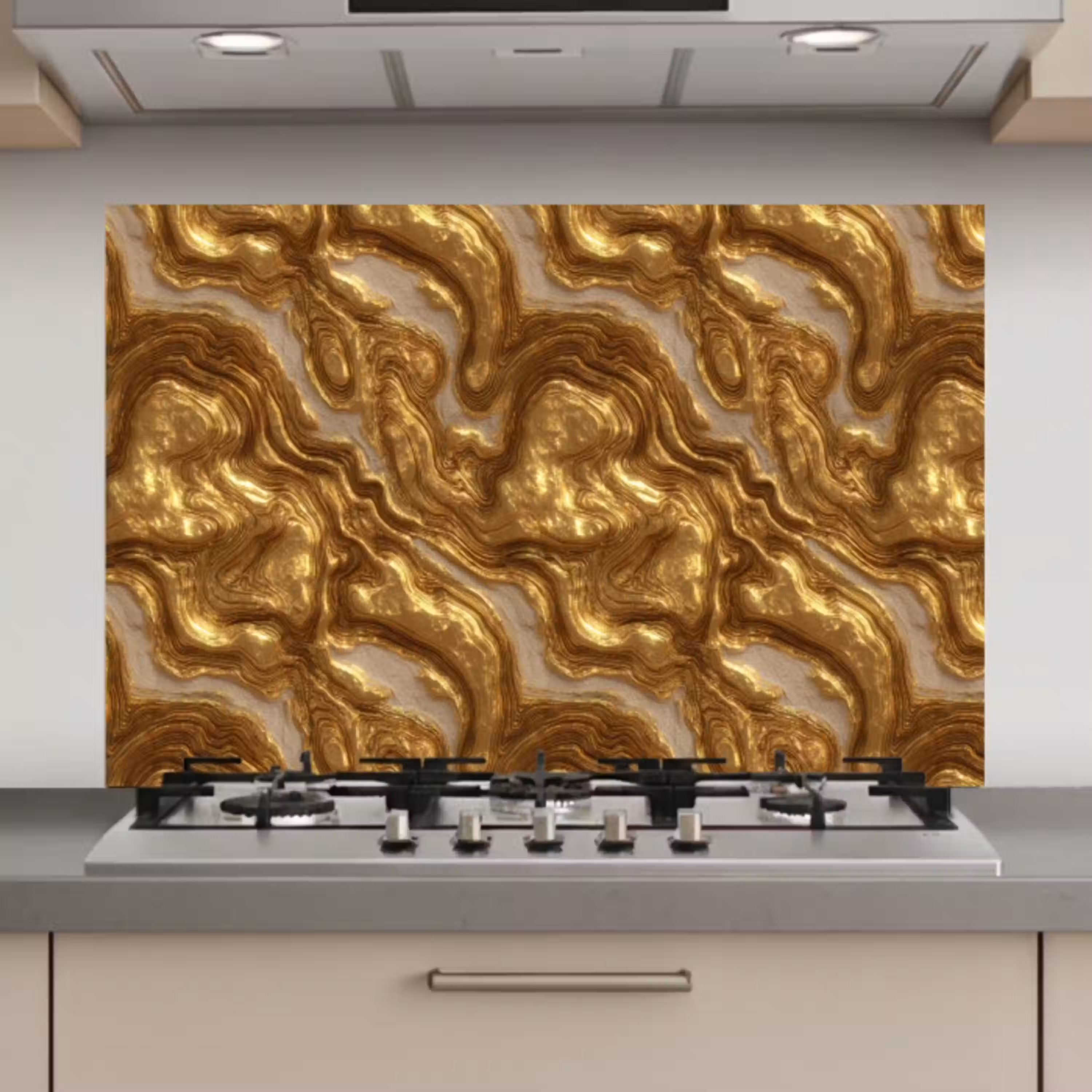 Golven - Organisch - Goud - Crème keuken achterwand spatscherm klein 900 -3d_website