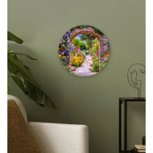 Doorkijk - Bloemen - Pad - Natuur Wandcirkel kunststof plaat 5mm dik klein -sfeer3