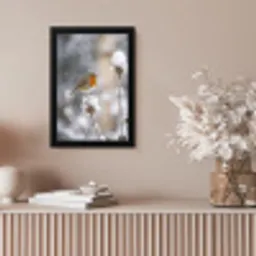 Roodborstje - Gedroogde bloem - Sneeuw - Winter - Vertederend fotolijst zwart zonder passe partout klein -sfeer5