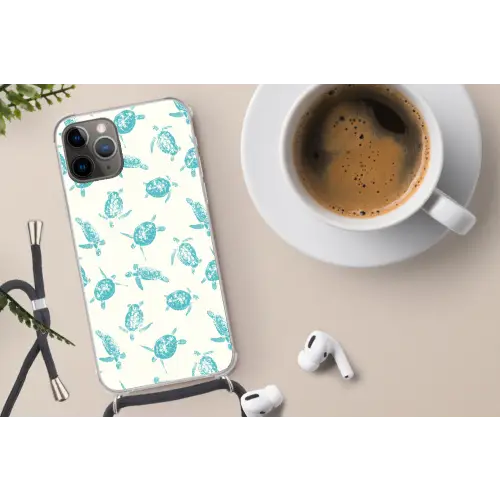 Schildpadden - Patroon - Wit - Blauw Hoesje iPhone 12 Pro met koord klein -oordop