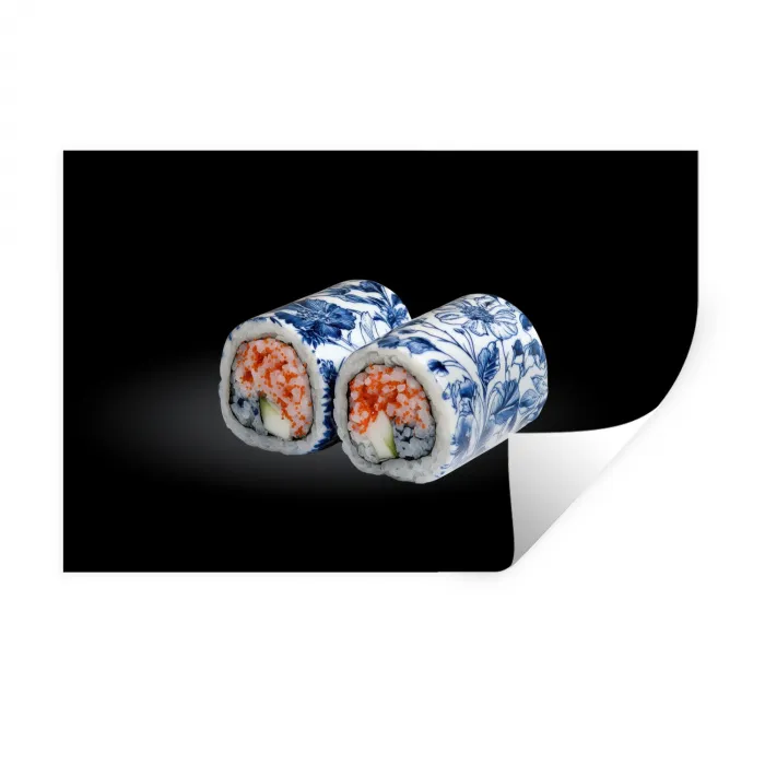 Sushi - Delfts blauw - Rijst - Vis - Elegant Muursticker klein -3d