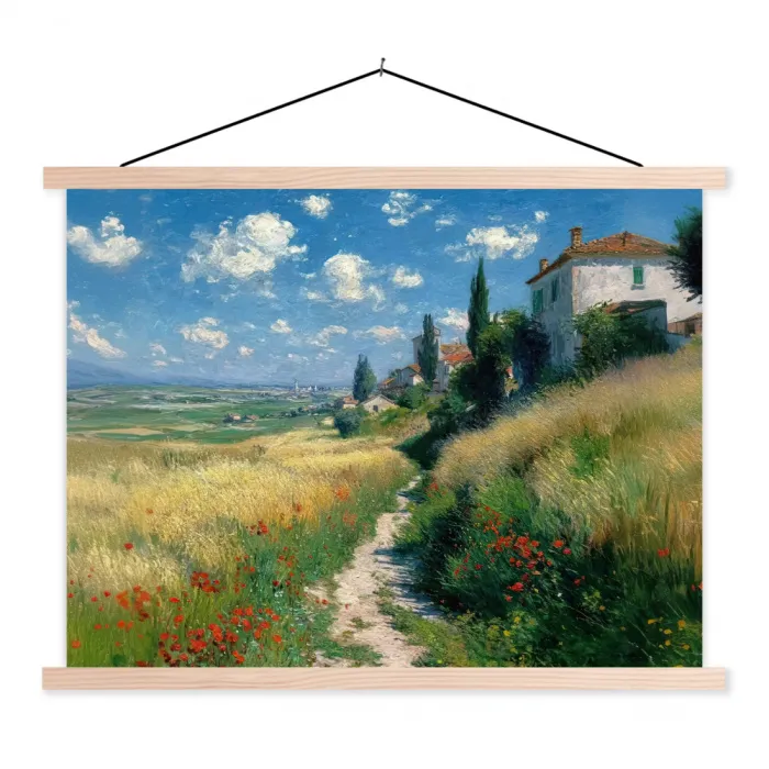 Zandpad - Huis - Bomen - Grasveld textielposter latten blank klein -3d