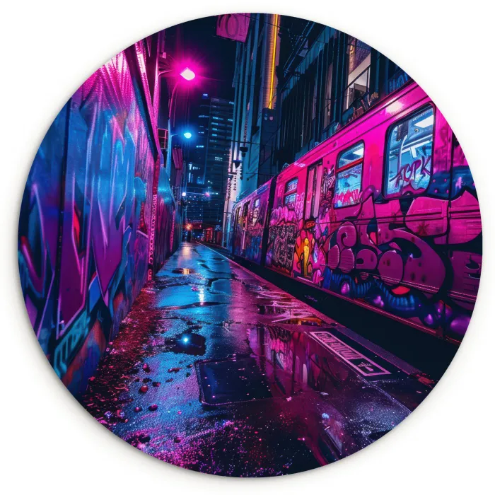 Stad - Neon -  Nacht - Roze - Graffiti Wandcirkel kunststof plaat 5mm dik klein -3d