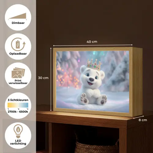 Ijsbeerwelp - Sneeuw - Lichtjes - Kroon Light Box met batterij (Wandlamp kind) middel -USP_websiteoverzichtNL