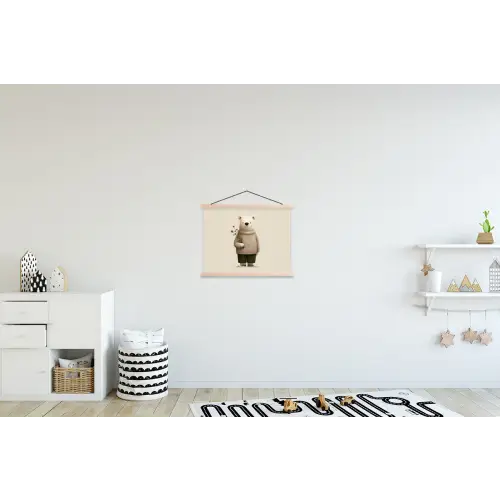 Knuffelbeer - Oranje bloemen - Vriendelijk textielposter latten blank klein -kinderkamer