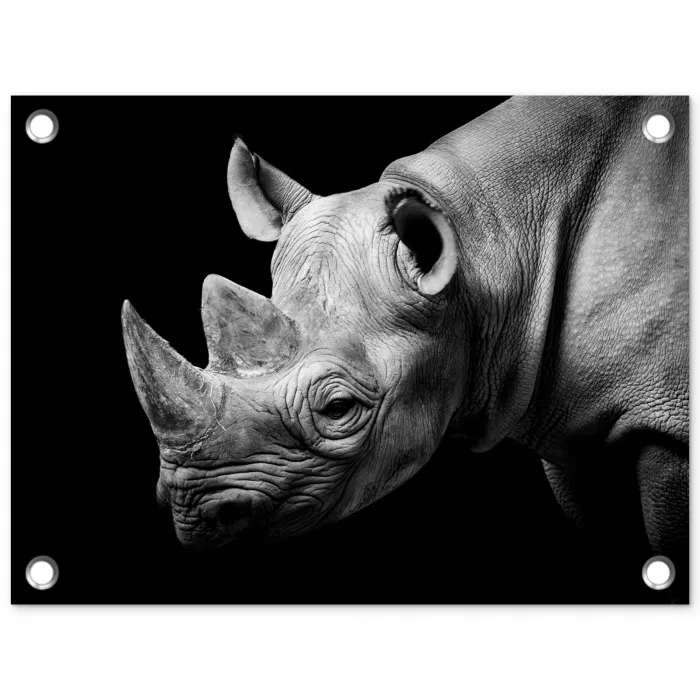 Dieren - Neushoorn - Zwart - Wit - Portret tuinposter los doek klein -3d