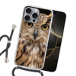 Oehoe - Uil - Portret - Bruin Hoesje iPhone 16 Pro Max met koord klein -sfeer1