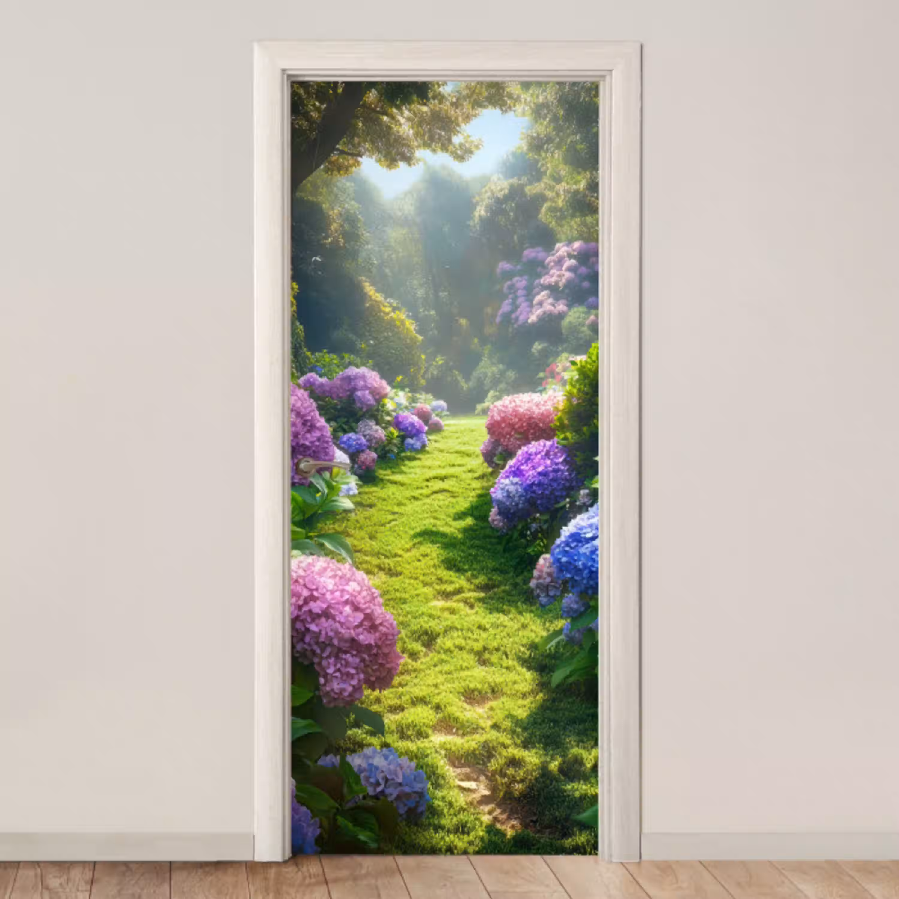 Natuur - Hortensia - Bloemen - Groen deurposter klein -3d_beige