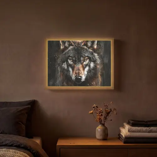 Dieren - Wolf - Portret - Zwart - Bruin Light Box met batterij (Wandlamp) middel -sfeer4