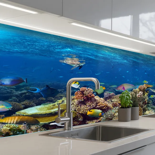 Onderwaterlandschap - Vissen - Schildpad - Blauw keuken achterwand 2 middel -3d_schuin