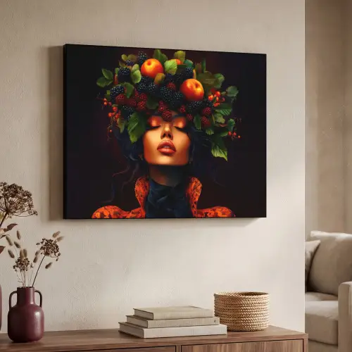 Vrouw - Zwart - Bessen - Bramen - Appels Textielframe zwart klein -sfeer3