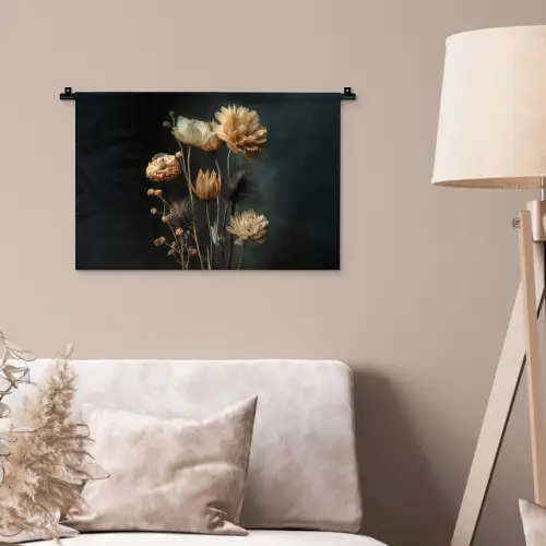 Boeket - Bloemen - Licht - Zwart Wandkleed katoen klein -sfeer4