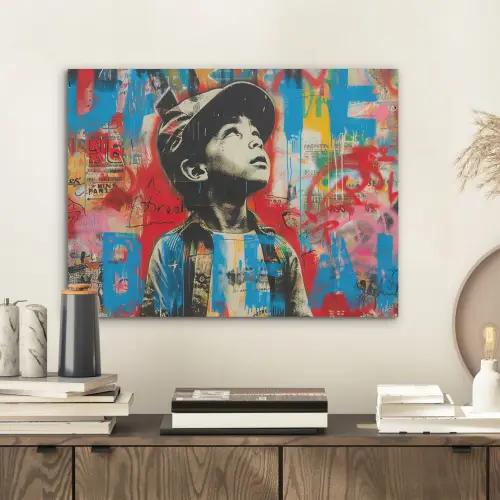 Graffiti - Vintage - Jongen - Street art - Neon - Banksy PET vilt klein -sfeer1