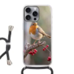 Roodborst - Tak - Bessen - Natuur Hoesje iPhone 16 Pro Max met koord klein -3d
