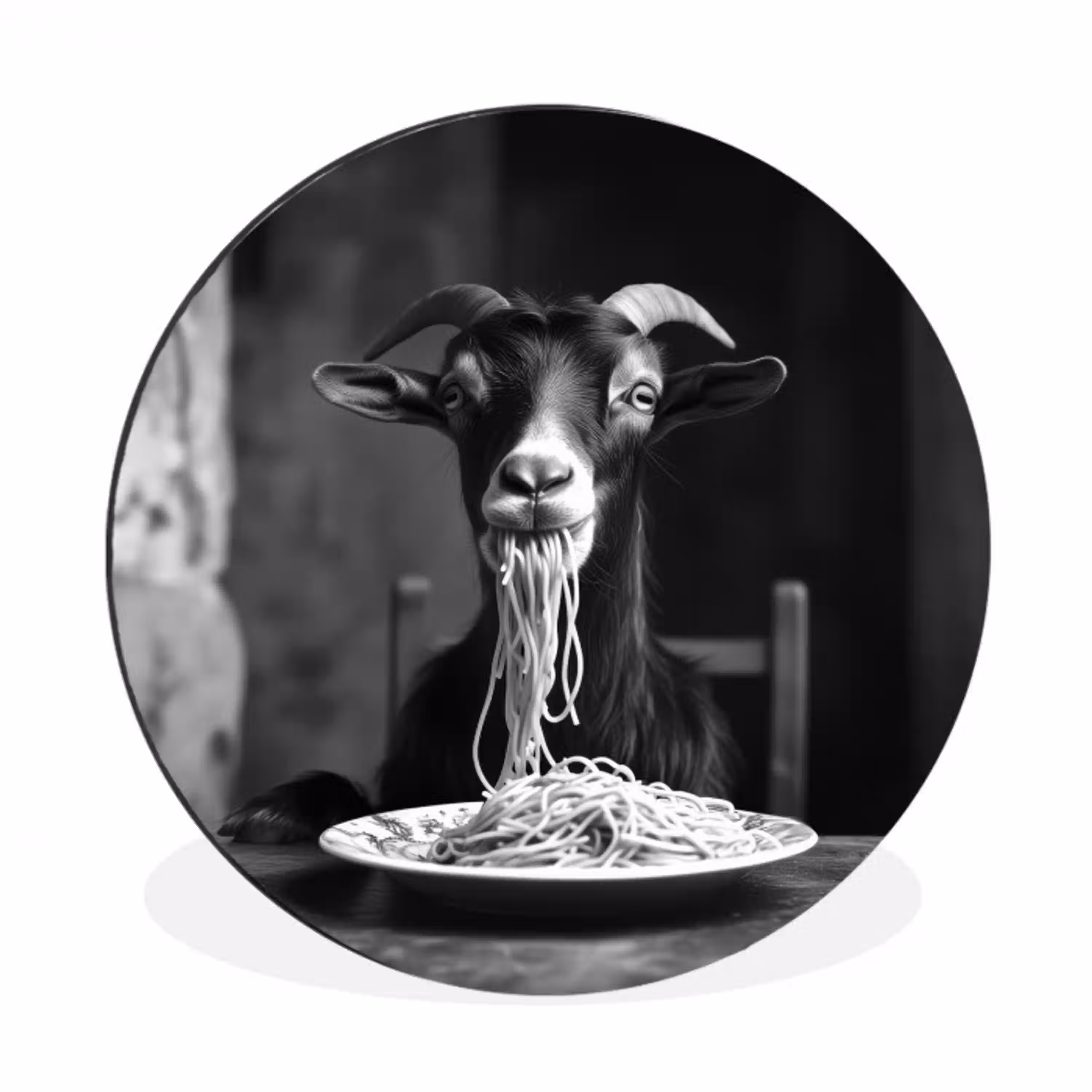 Geit - Bord - Spaghetti - Zwart Wit Wandcirkel aluminium klein -3d
