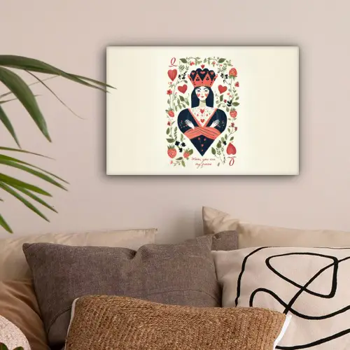 Speelkaart - Hartenkoningin - Bloemen - Hartjes canvas 2cm klein -sfeer1