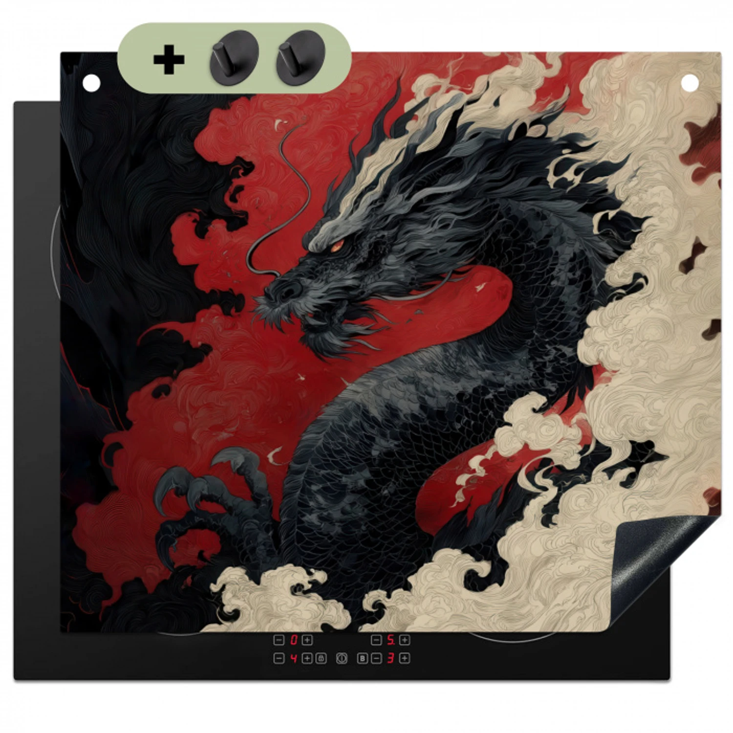 Zwarte draak - Rookwolken - Rood Inductie beschemer met haakjes klein -3d