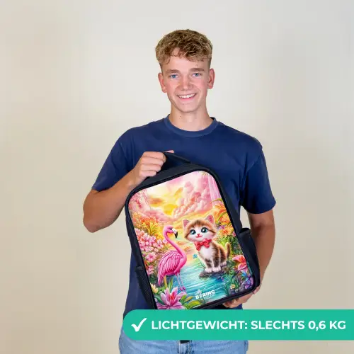 Kitten met flamingo in tropisch bloemenparadijs Rugzak - Zwart middel -sfeer7_NL