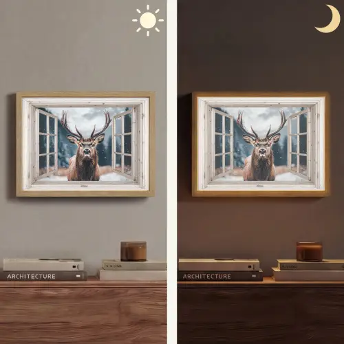 Hert - Dieren - Landschap - Winter - Sneeuw - Doorkijk - Natuur Light Box met batterij (Wandlamp) middel -sfeer3