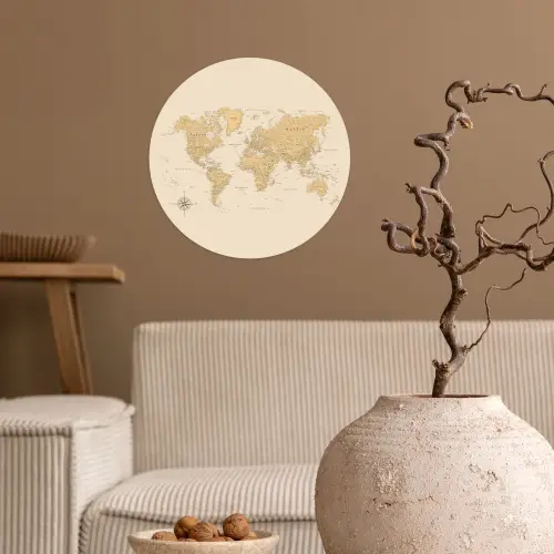 Wereldkaart - Realistisch - Beige Wandcirkel behangsticker klein -sfeer1