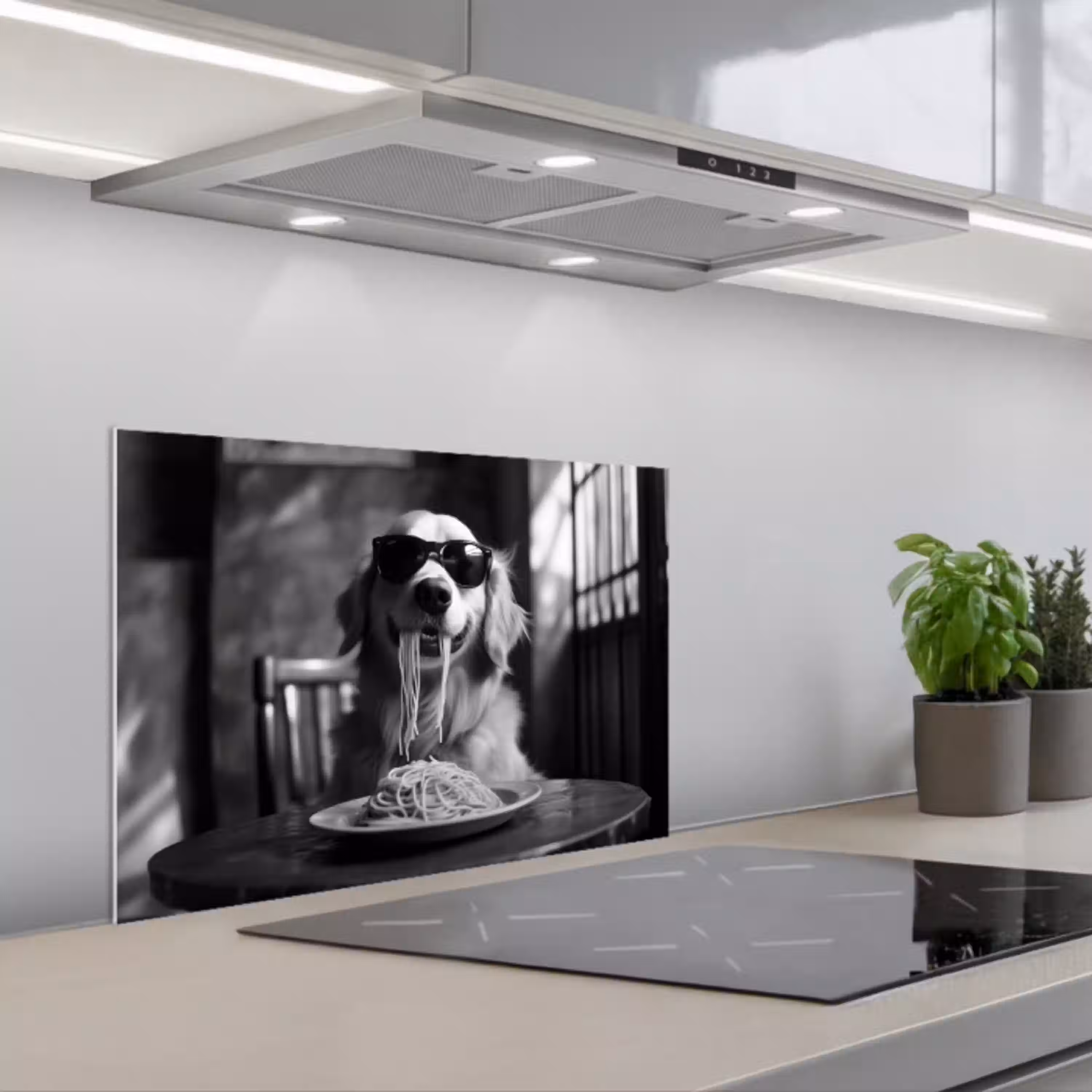 Golden Retriever - Hond - Vrolijk -  Bord spaghetti - Zwart - wit keuken achterwand spatscherm klein -3d_schuin