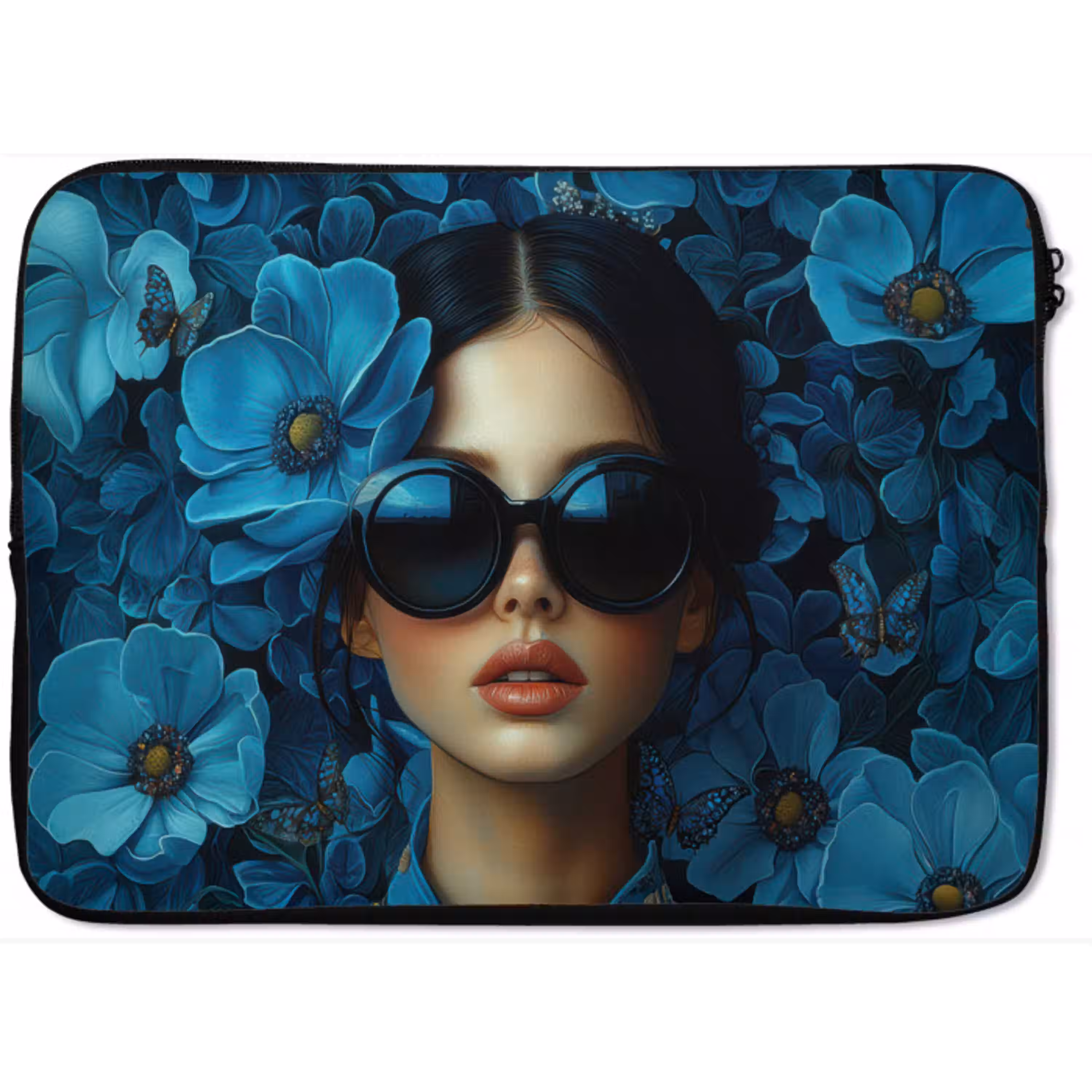 Vrouw - Bloemen - Blauw - Aesthetic - Luxe laptophoes neopreen klein -zkaufland3dotto