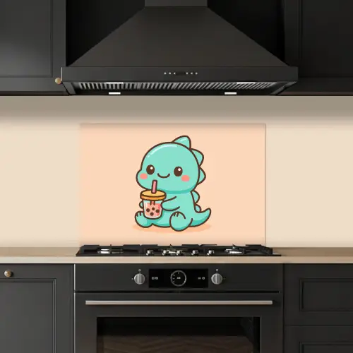 Dino - Boba - kawaii - Oranje keuken achterwand spatscherm klein -sfeer1