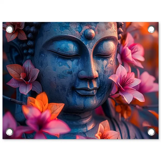 Boeddha omgeven door kleurrijke bloemen tuinposter los doek klein -3d