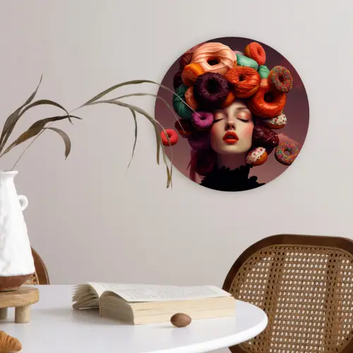 Vrouw - Donuts - Kleurrijk Wandcirkel kunststof plaat 5mm dik klein -sfeer4