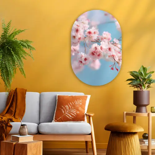 Takken - Bloesems - Roze Wandcirkel Ovaal Glas middel -sfeer4