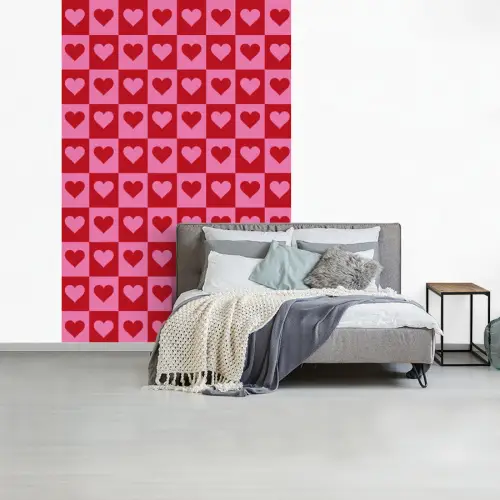 Rood - Roze - Schaakbord - Valentijn fotobehang vinyl groot -slaapkamer
