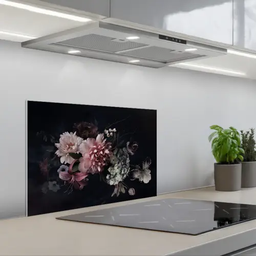 Bloemen - Vintage - Pastel - Zwart - Boeket keuken achterwand spatscherm klein -3d_schuin