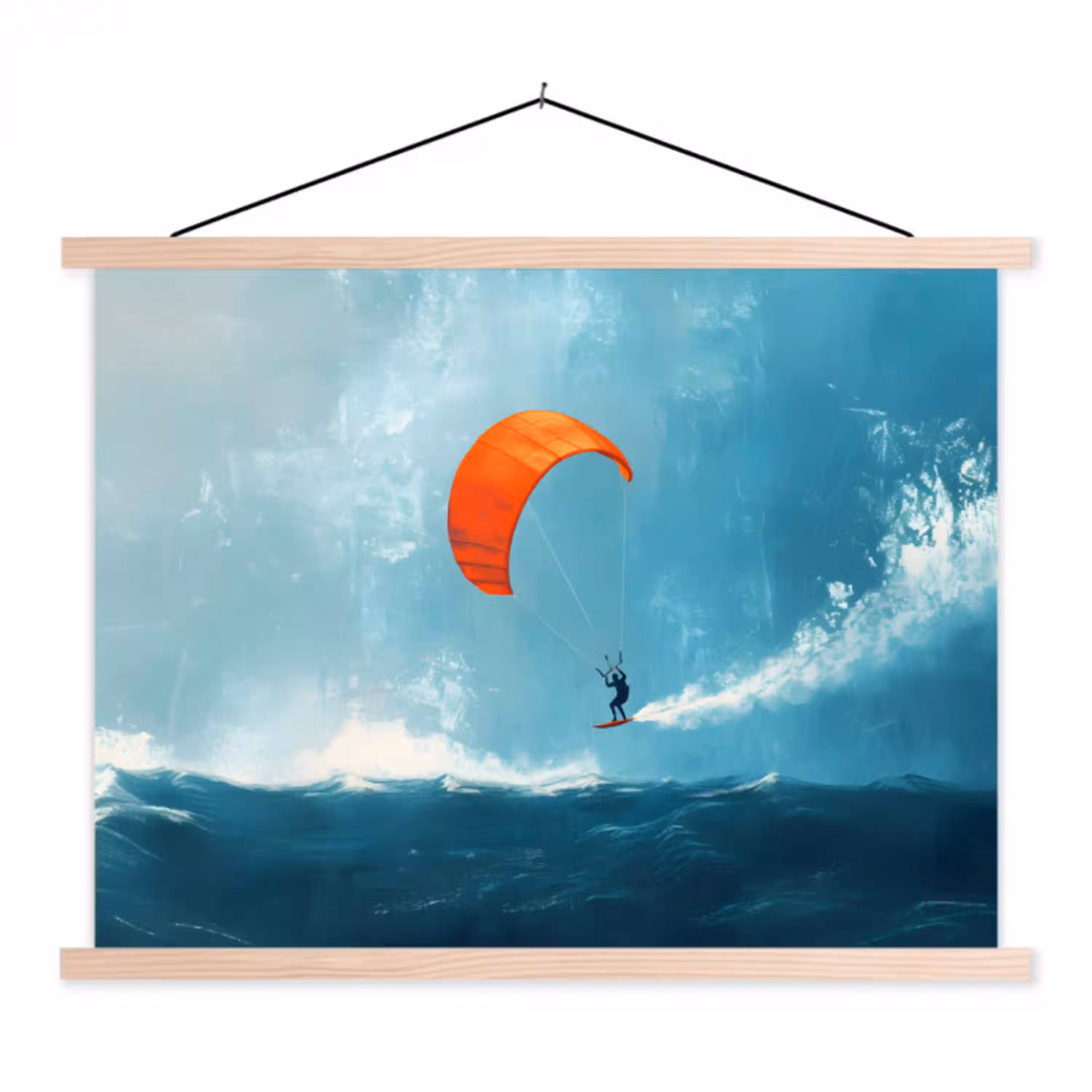 Kitesurfer - Oranje - Zee - Lucht textielposter latten blank klein -3d