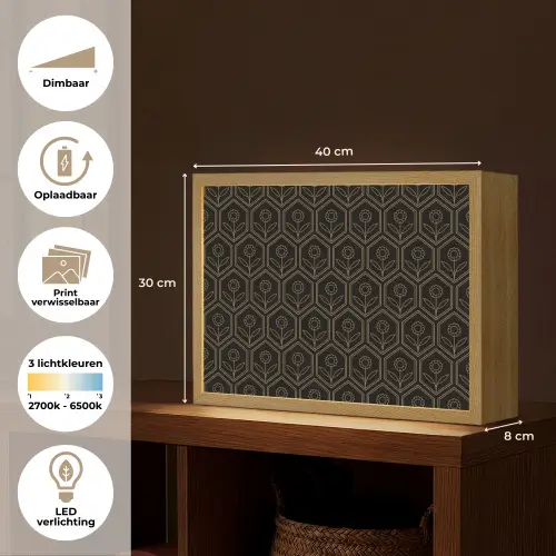Zeshoek - Zwart - Goud - Bloem Light Box met batterij (Wandlamp) middel 907 -USP_websiteoverzichtNL